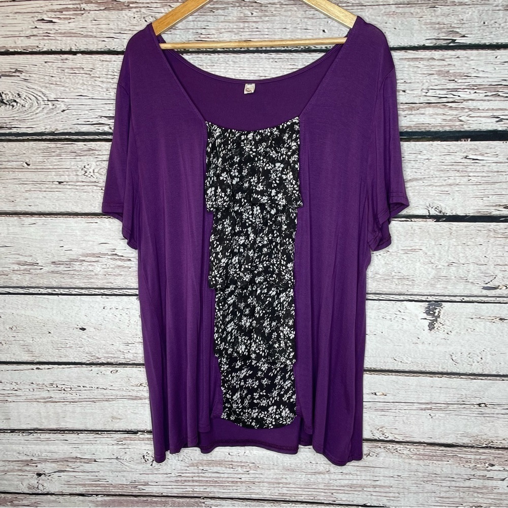 Jiali Plus Size Blouse Size 5XL Purple with Black & White Sheer Chiffon Ruffles‎